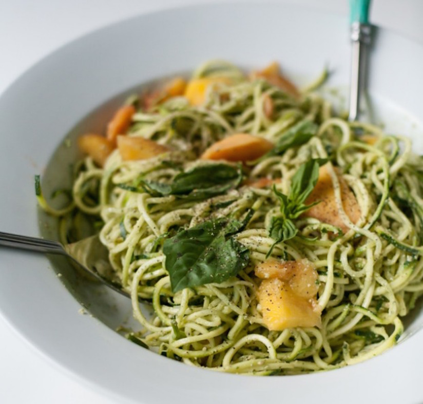 Zucchini Spaghetti With Peaches And Pumpkin Seed Pesto (Recipe) FOOD MATTERS®
