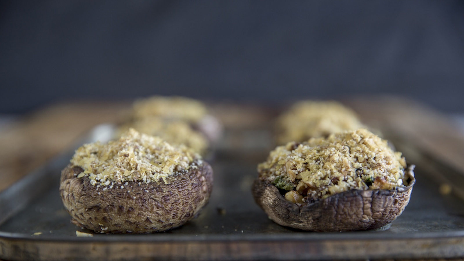 Basil & Walnut Stuffed Mushrooms With Almond Crumb