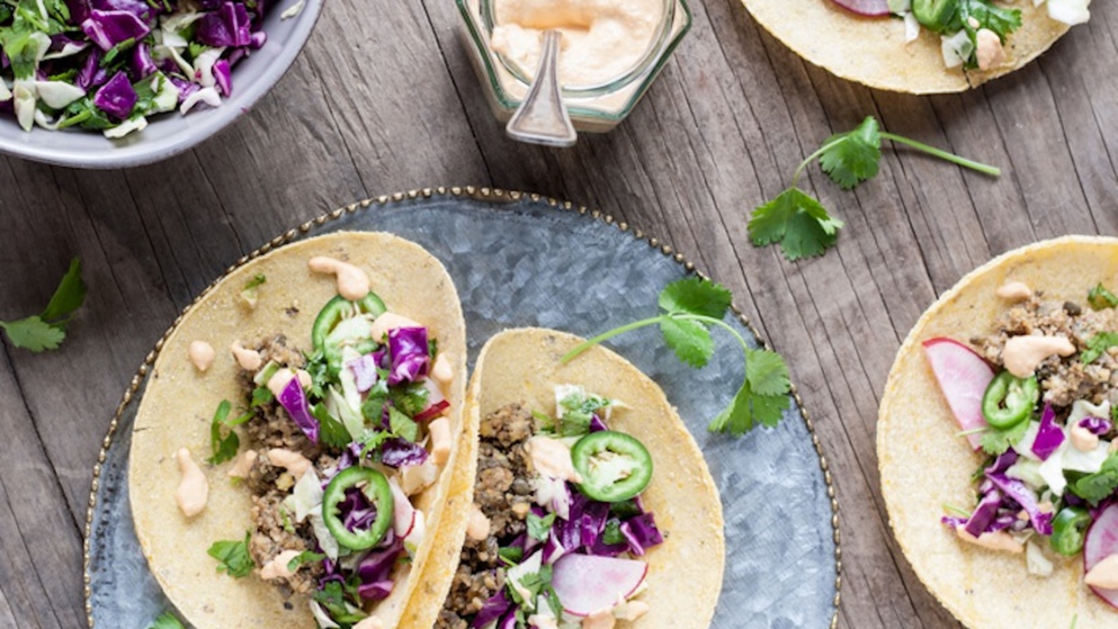 Lentil Walnut Tacos with Smokey Cashew Queso Sauce (Recipe)