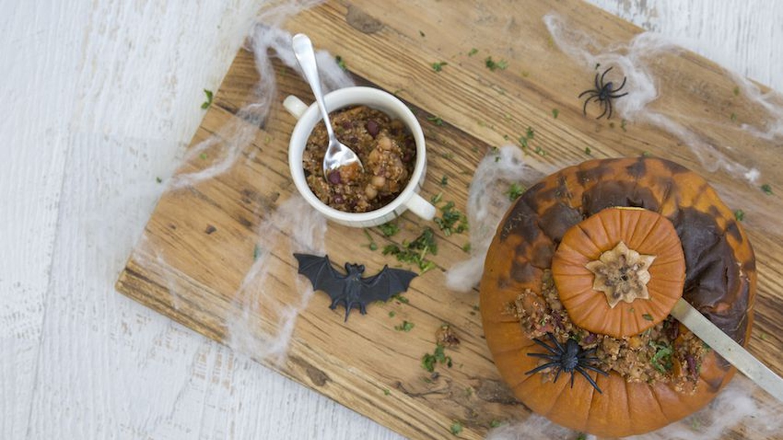 Quinoa Chili In A Pumpkin Cauldron