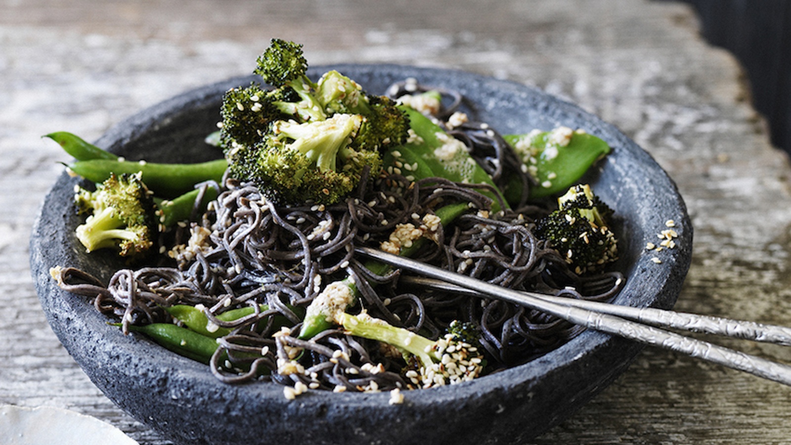 Black Bean Spaghetti Salad with Sesame Toasted Broccoli