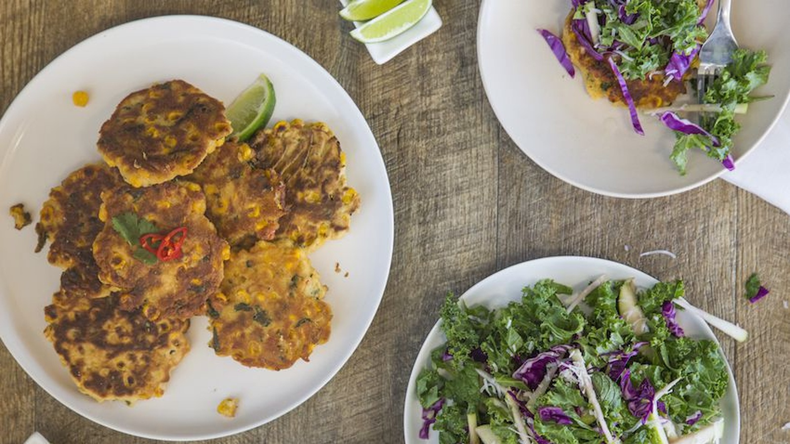 Gluten-Free Corn Fritters With Kale, Apple & Coconut Slaw