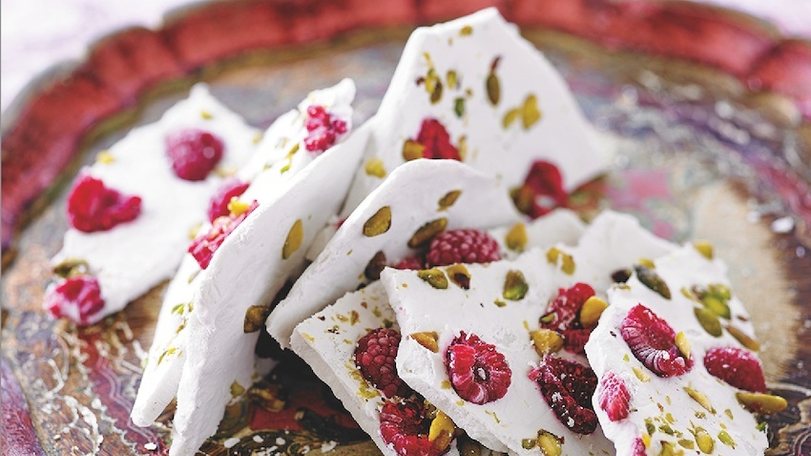 Coconut Bark With Rosewater, Pistachios and Raspberries
