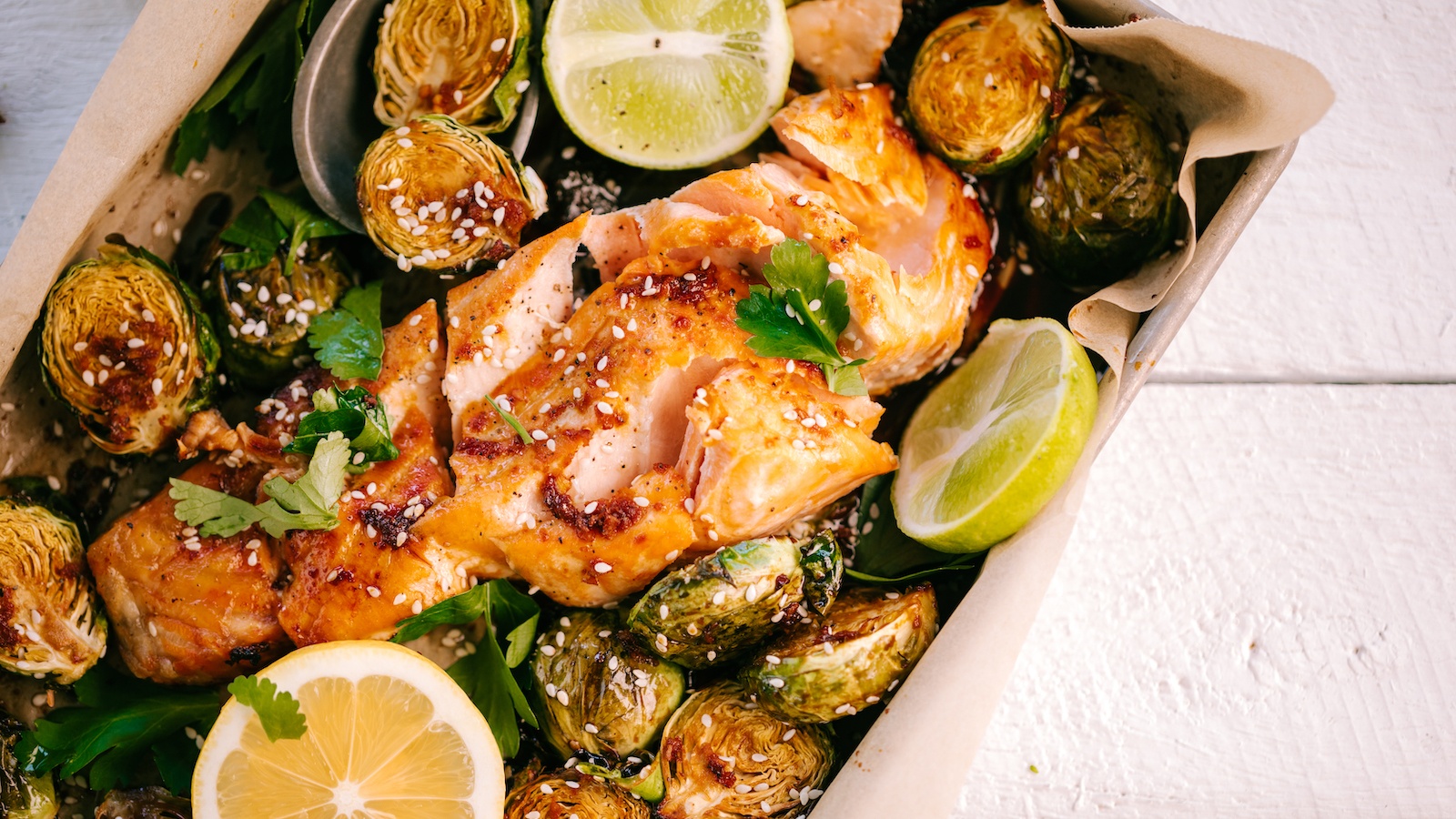 One Tray Salmon Bake with Sesame Brussels Sprouts