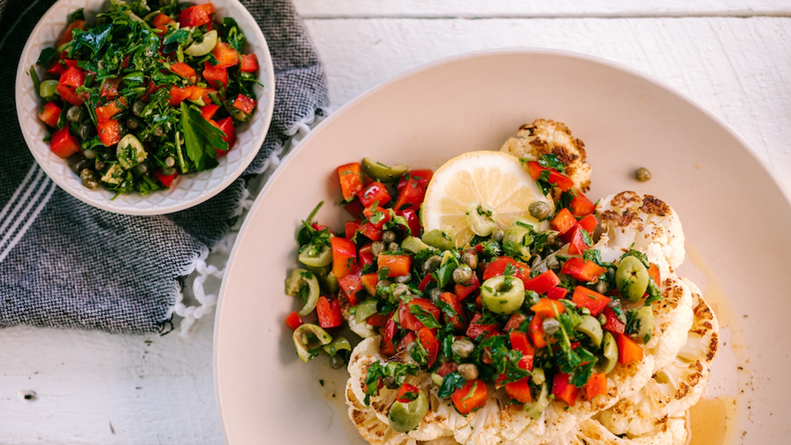 Cauliflower Steaks with Red Peppers & Capers