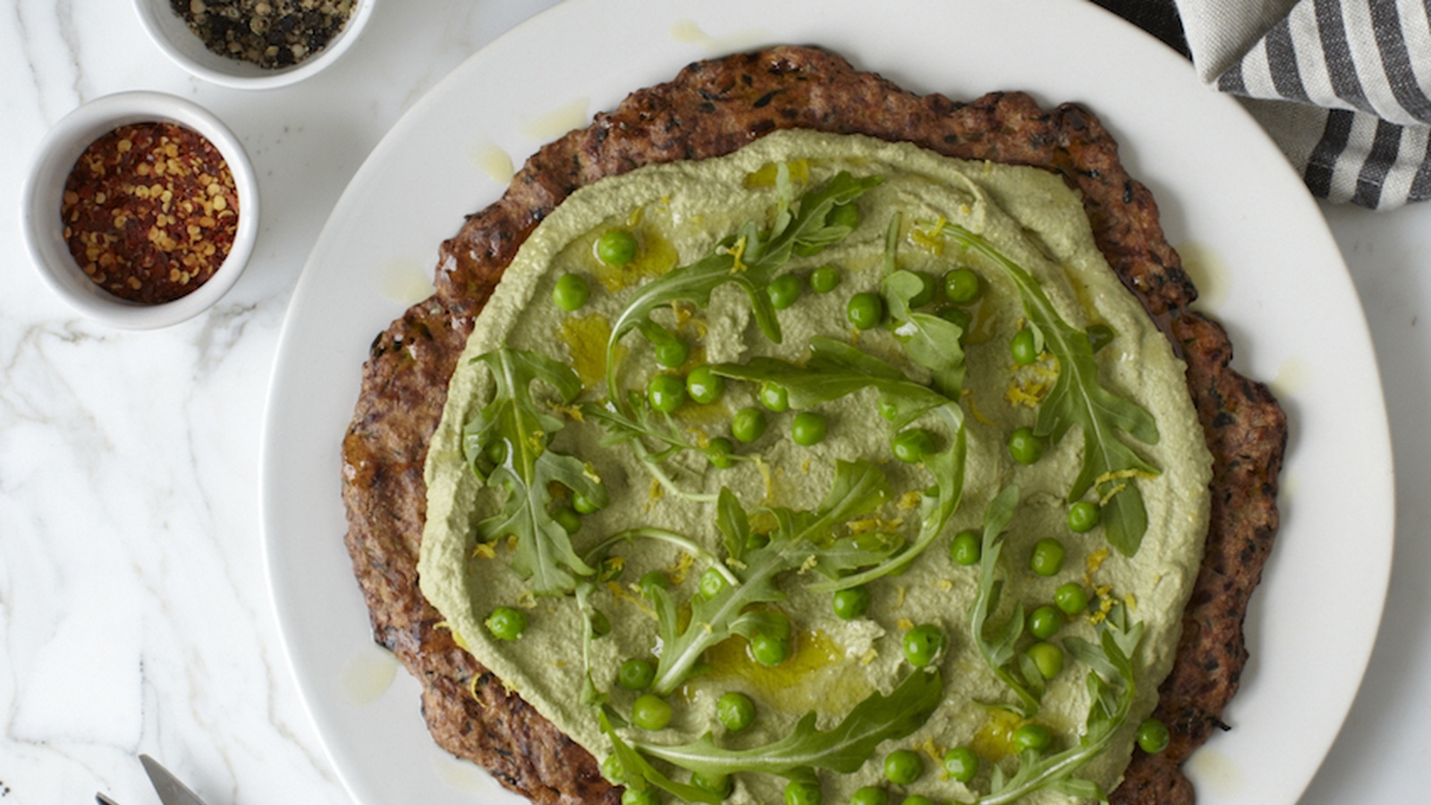 Zucchini Pizza Crust With Lemony Pea Pesto