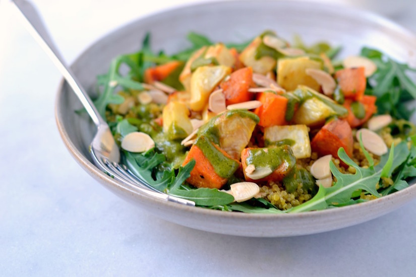 Roasted Celeriac & Sweet Potato with Saffron Quinoa & Herby Drizzle | FOOD MATTERS®