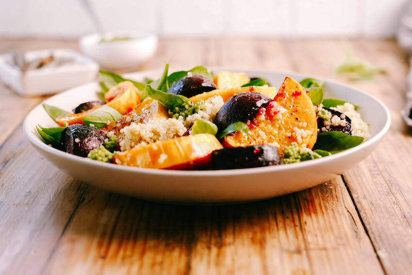 Roast Pumpkin & Beetroot Quinoa Salad with Basil Pesto | FOOD MATTERS®