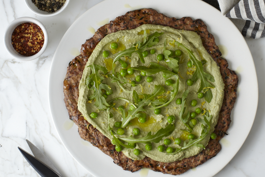 Zucchini Pizza Crust With Lemony Pea Pesto | FOOD MATTERS®