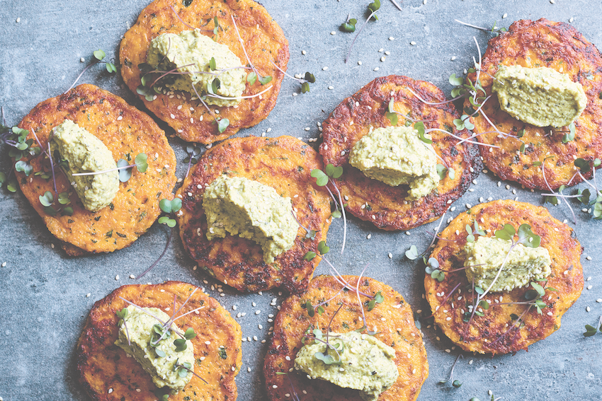 Pumpkin Fritters with Zucchini Hummus | FOOD MATTERS®