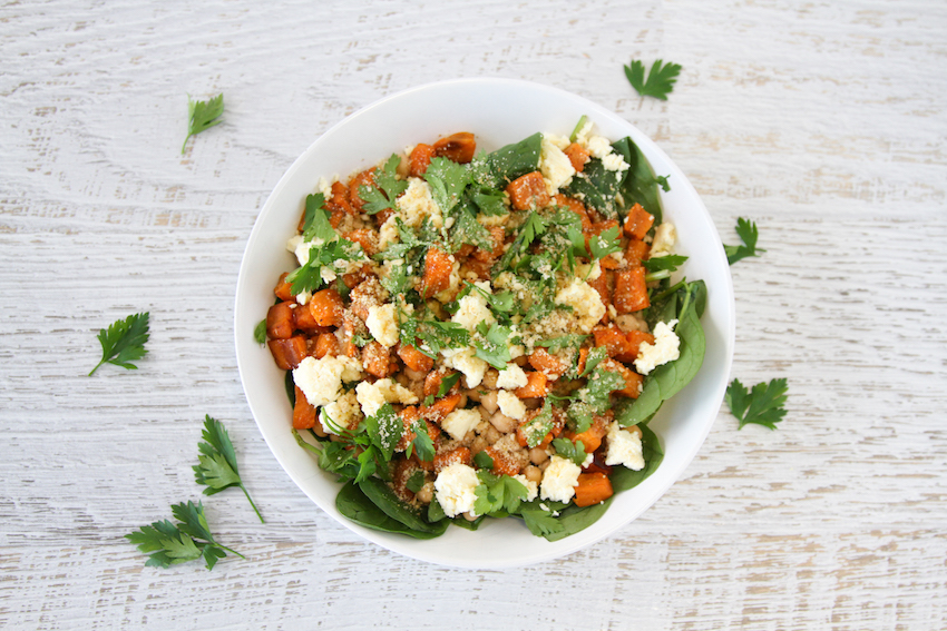Roast Kumara & Chickpea Salad With Almond 'Parmesan' Cheese FOOD MATTERS®