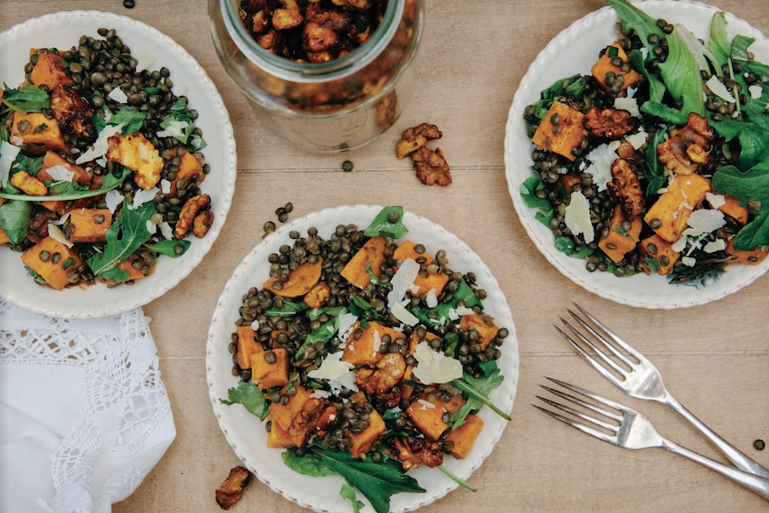 Spiced Sweet Potato, Puy Lentils, and Rocket with Honey-Roasted Walnuts | FOOD MATTERS®